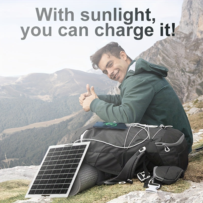 Solar panel charger for outdoor travel and camping, suitable for charging mobile devices and batteries.