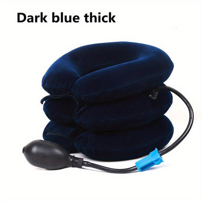 Thick/thin inflatable neck pillow for travel and relaxation with stretch and traction capabilities.