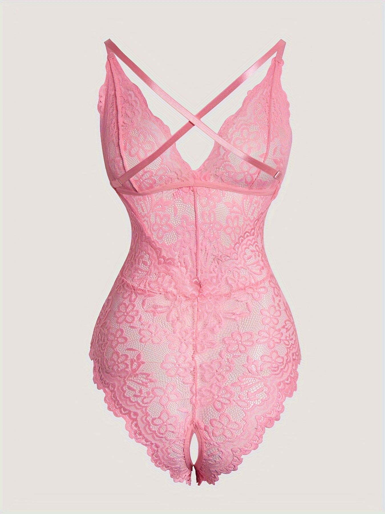 Adult size lace bodysuit made of polyester knit fabric with hollow-out detailing, no padding or belt.