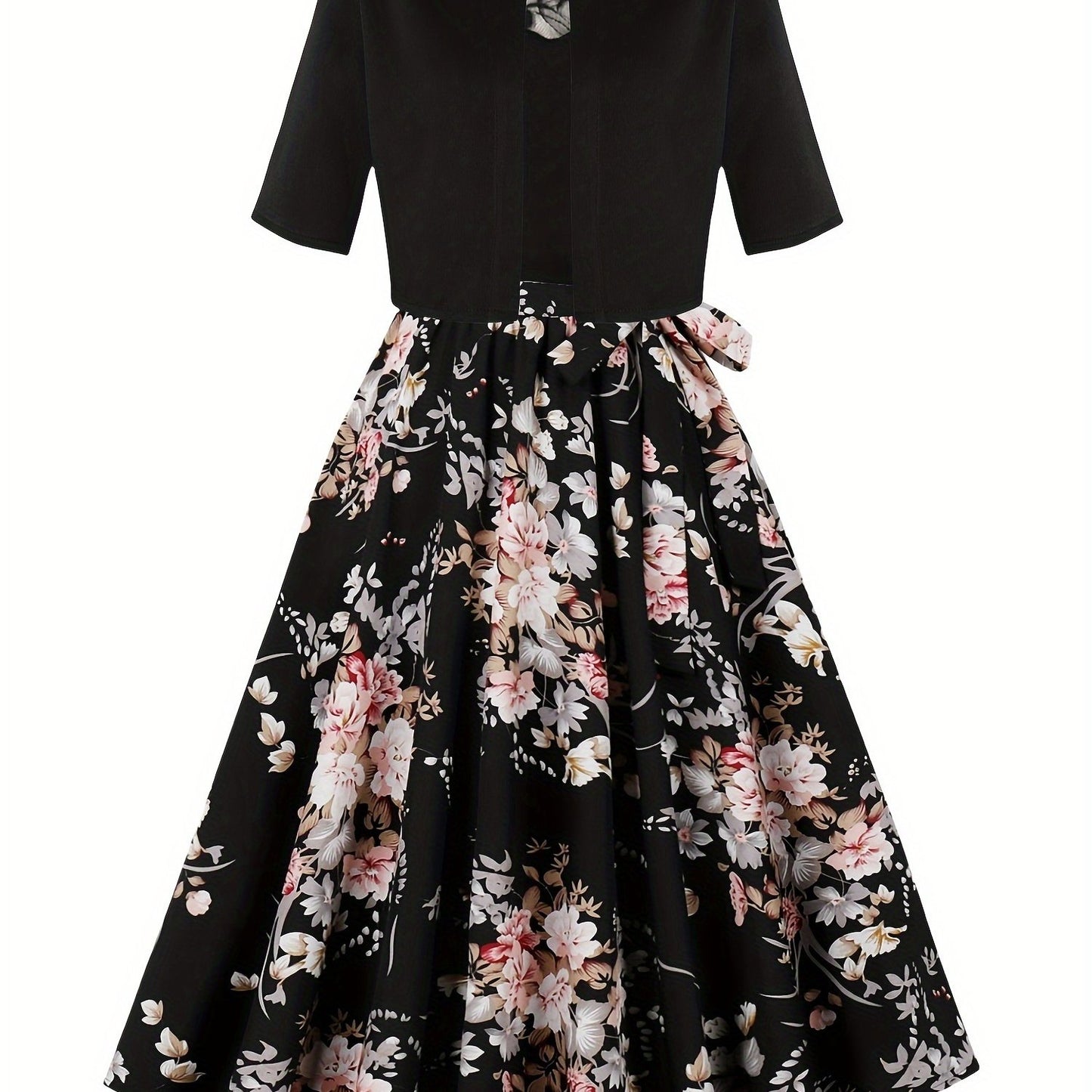 Elegant Floral Print Dress Set with Solid Color Outerwear and Contrast Lace Crew Neck Dress