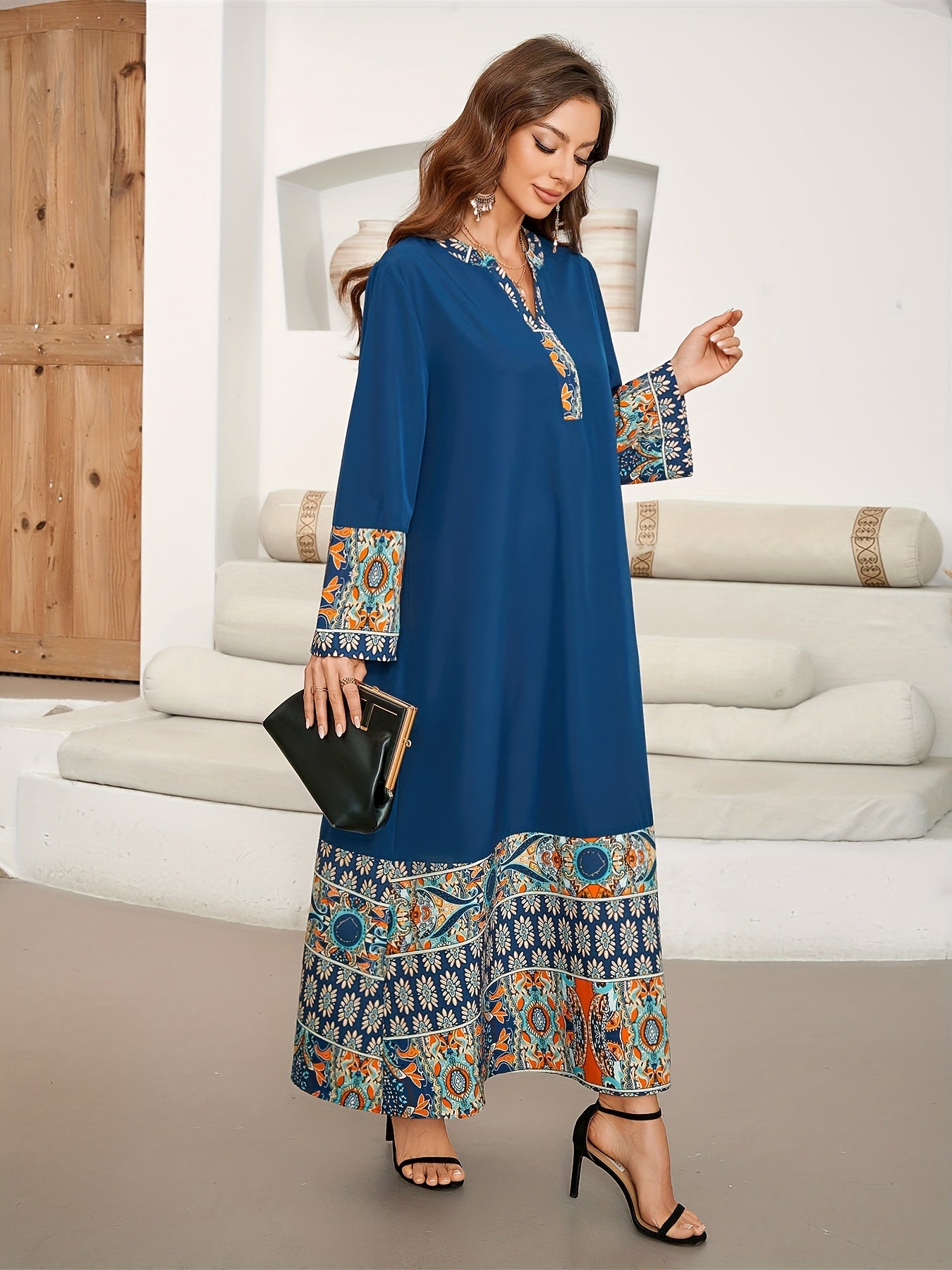 Ethnic print color block kaftan with notched neck and long sleeves, maxi dress for women