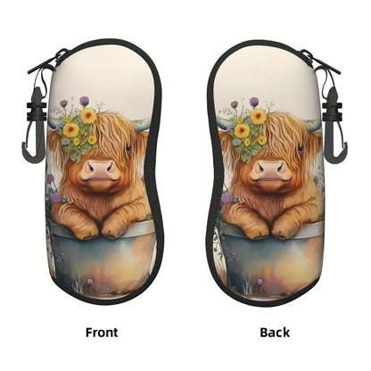 Trendy Highland Cow Print Glasses Case - Stylish, Convenient Neoprene Eyewear Pouch with Zipper and Belt Clip for Women, Chloroprene Safety Bag