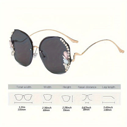 Purchase one and receive one free rhinestone glasses with a frameless gradient lens and a unique bent leg design.