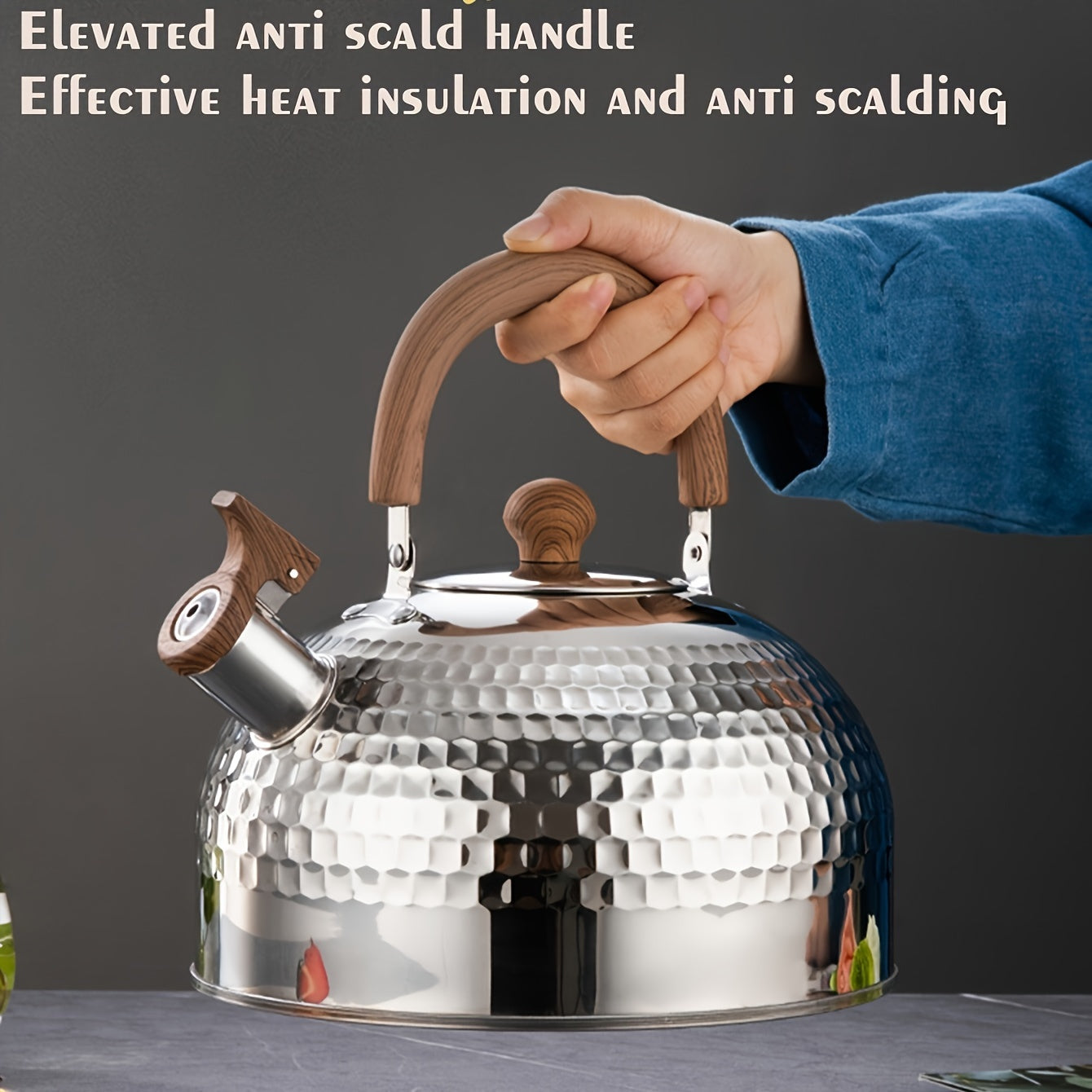 An outdoor-friendly stainless steel kettle with a hammered texture and a whistling spout, ideal for boiling water in the backyard to make tea or coffee.