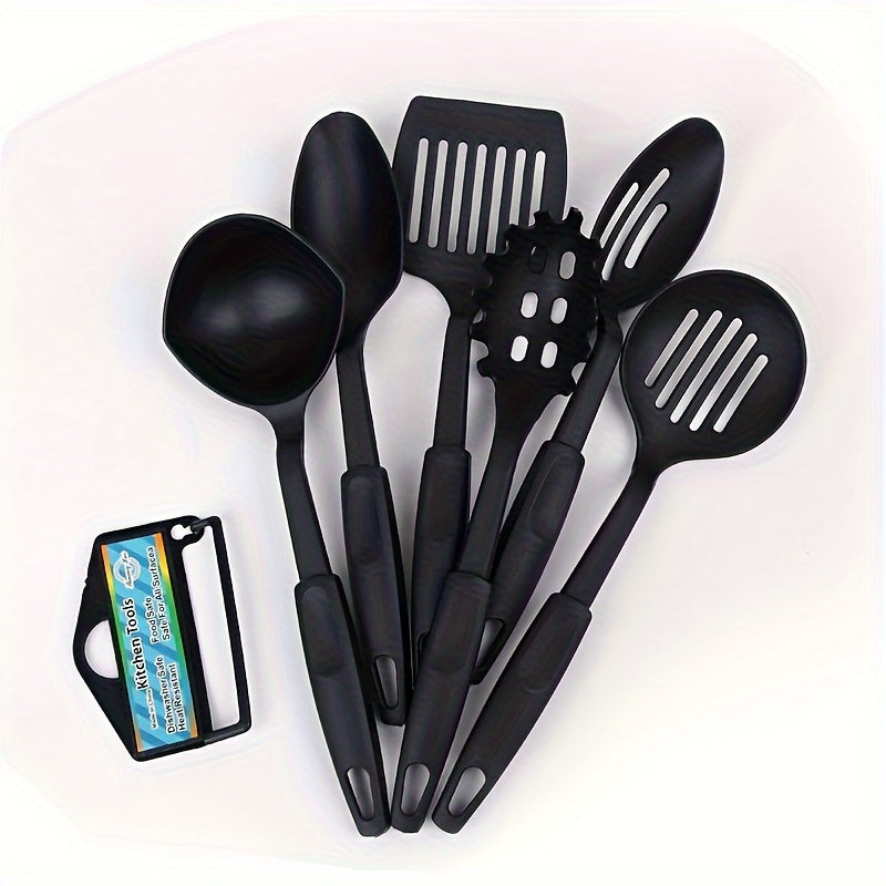 Set of 6 Kitchen Utensils: Comes with Ladle, Spoon, Slotted Spoons, Spatula, Slotted Turner, and Spaghetti Server - Sturdy Plastic Cooking Tools for Home Use