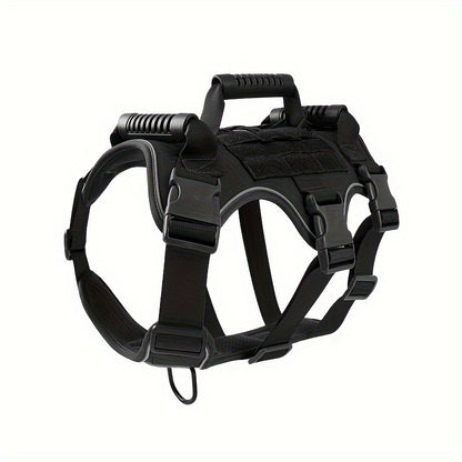 Tactical dog harness with handle and reflective vest, adjustable for no-pull training.