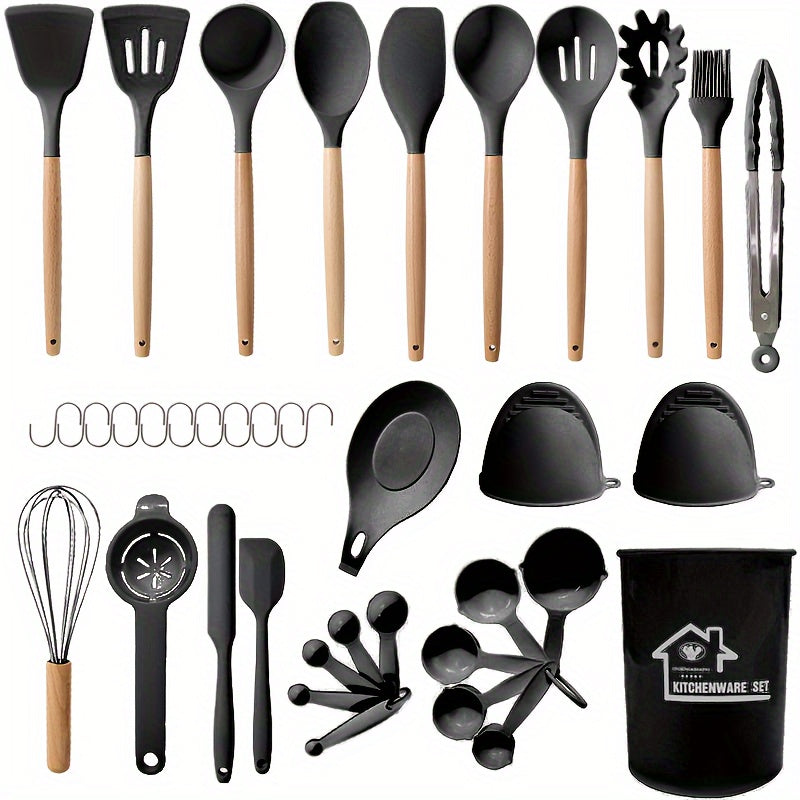 38-piece set of silicone utensils with wooden handles, designed for safe and non-stick cooking. This modern cookware collection is washable and includes all the kitchen essentials and gadgets you need.