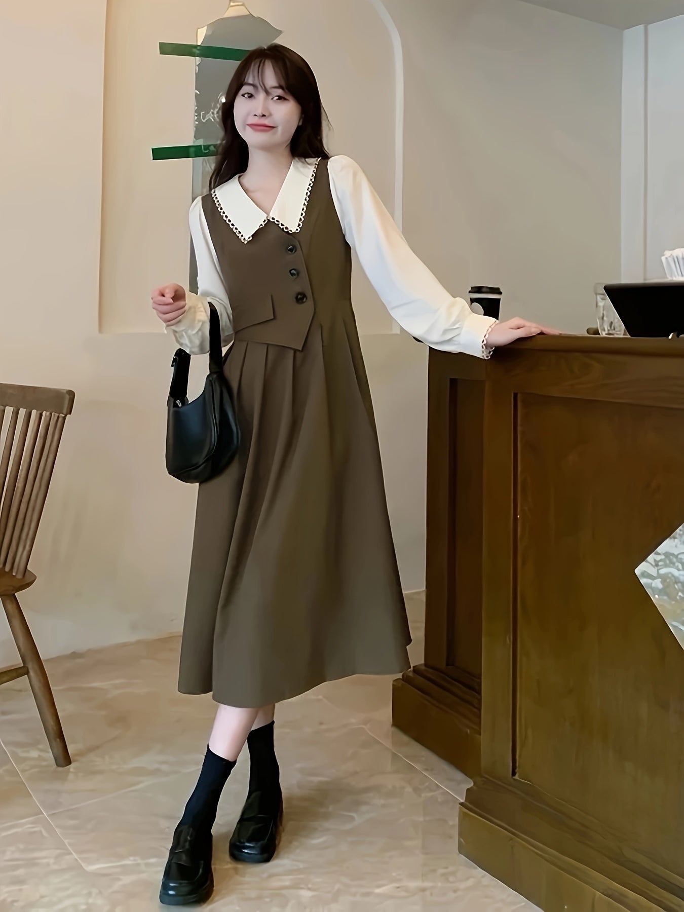 Lace-trim collar casual shirt dress in a versatile solid color made of stretchy polyester blend. Machine washable and suitable for all seasons, especially autumn and spring.