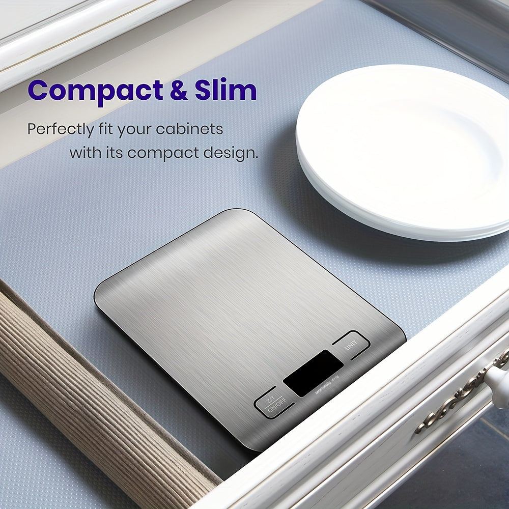 22lb/10kg capacity digital kitchen scale with grams & ounces display, tare function, stainless steel design, easy to clean. Ideal for baking, cooking, coffee weighing, and postage.