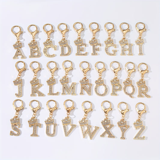 1pc Fashion Zinc Alloy Artificial Diamond Crown 26 English Letters Key Chain for Men, Bag Pendant for Friends.