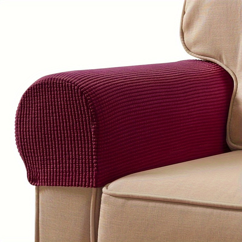 2 Stretch Armrest Covers made of durable spandex blend with plush texture. Scratch & dust resistant, and machine washable. Fits single to four-seater sofas & recliners in various colors.