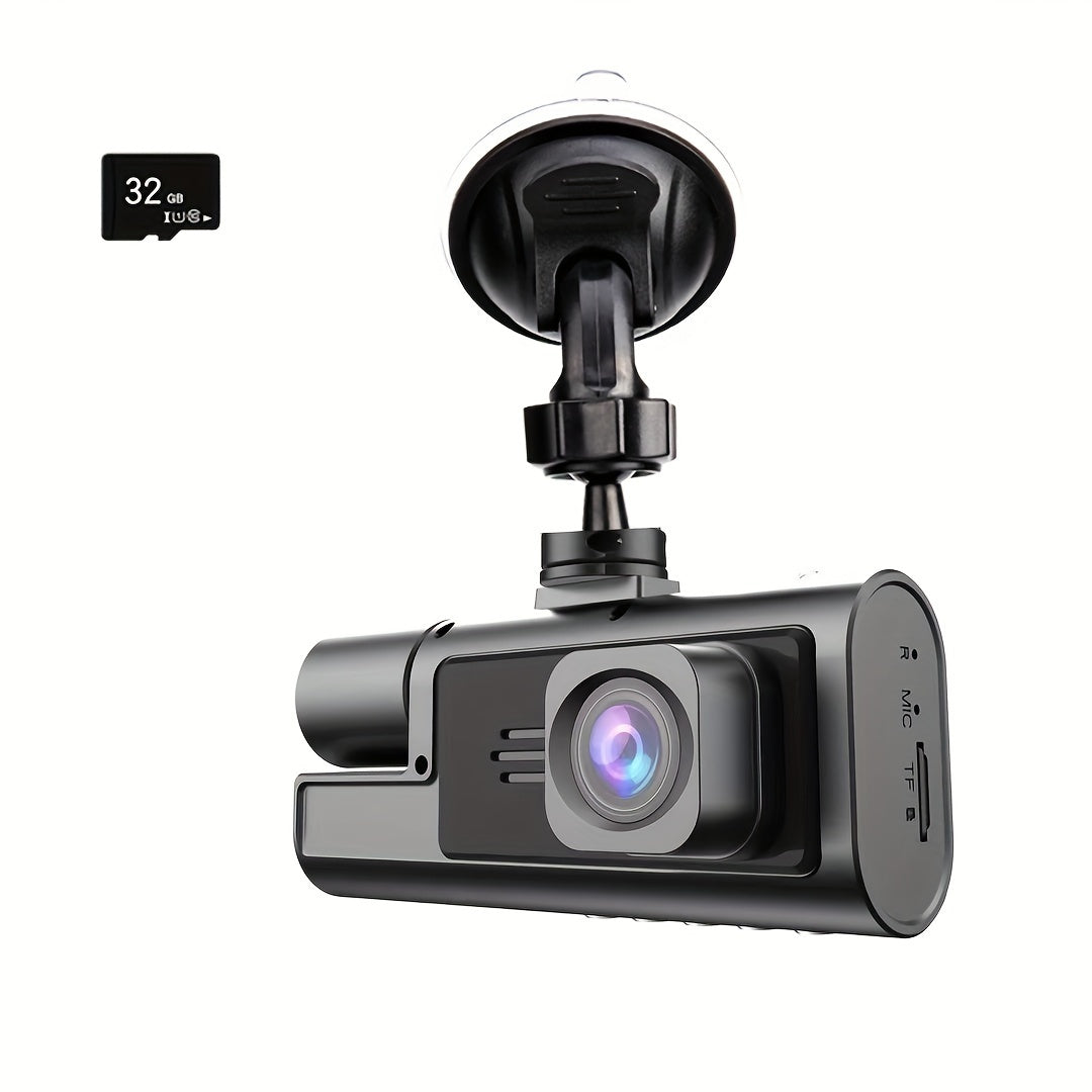 Baideluo three-lens video dashcam records in front and inside the car simultaneously in 1080P HD quality, with night vision and reversing image feature.