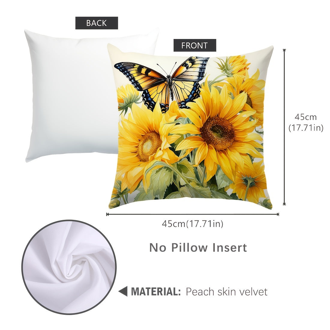 One piece of Sunflower Butterfly Design throw pillow cover made of Peach Skin Velvet material, measuring 45x45cm. Perfect for decorating your car, living room sofa, bedroom, or bedside backrest. Features a single side print design. Pillow inner not