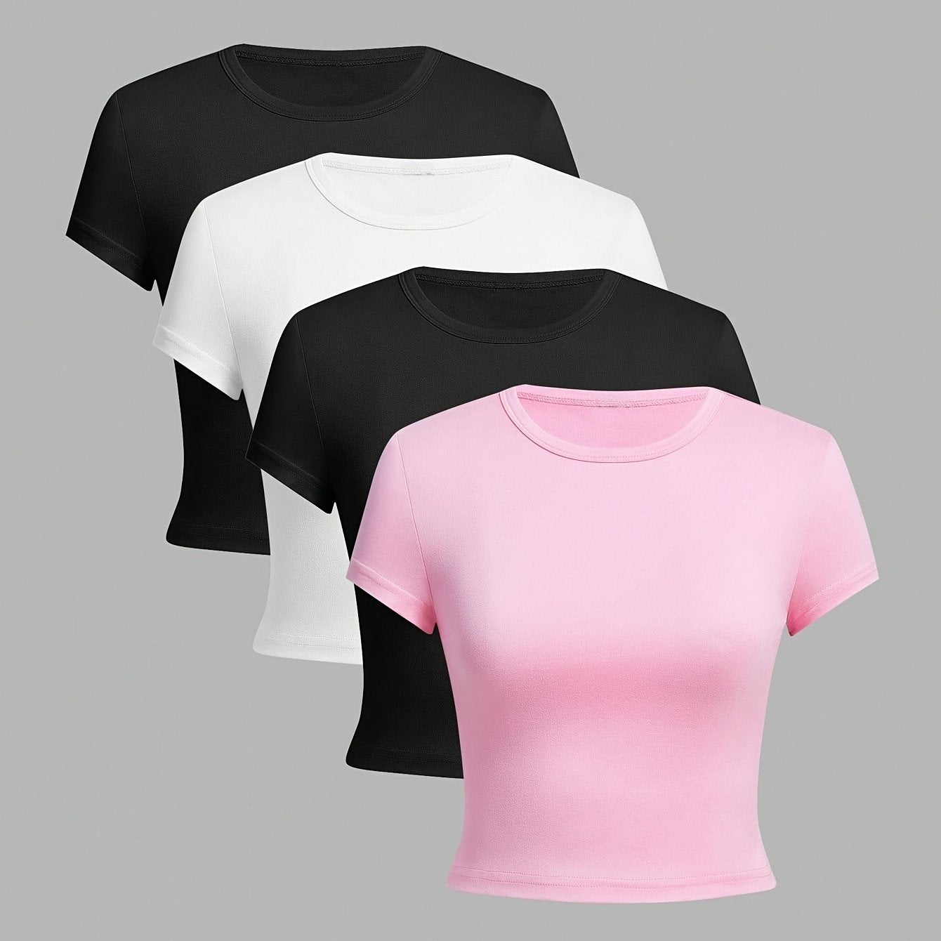 Women's 4pcs Slim Fit Short Sleeve T-Shirts in Black, Brown, Pink, and White. Stretchy, breathable fabric perfect for casual summer wear with round neckline and comfortable fit.