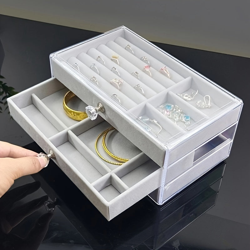 Transparent three-layer portable jewelry storage box with large capacity and dustproof drawers. Perfect for storing earrings, necklaces, and other jewelry. Ideal gift for Valentine's Day, Christmas, or any special occasion.