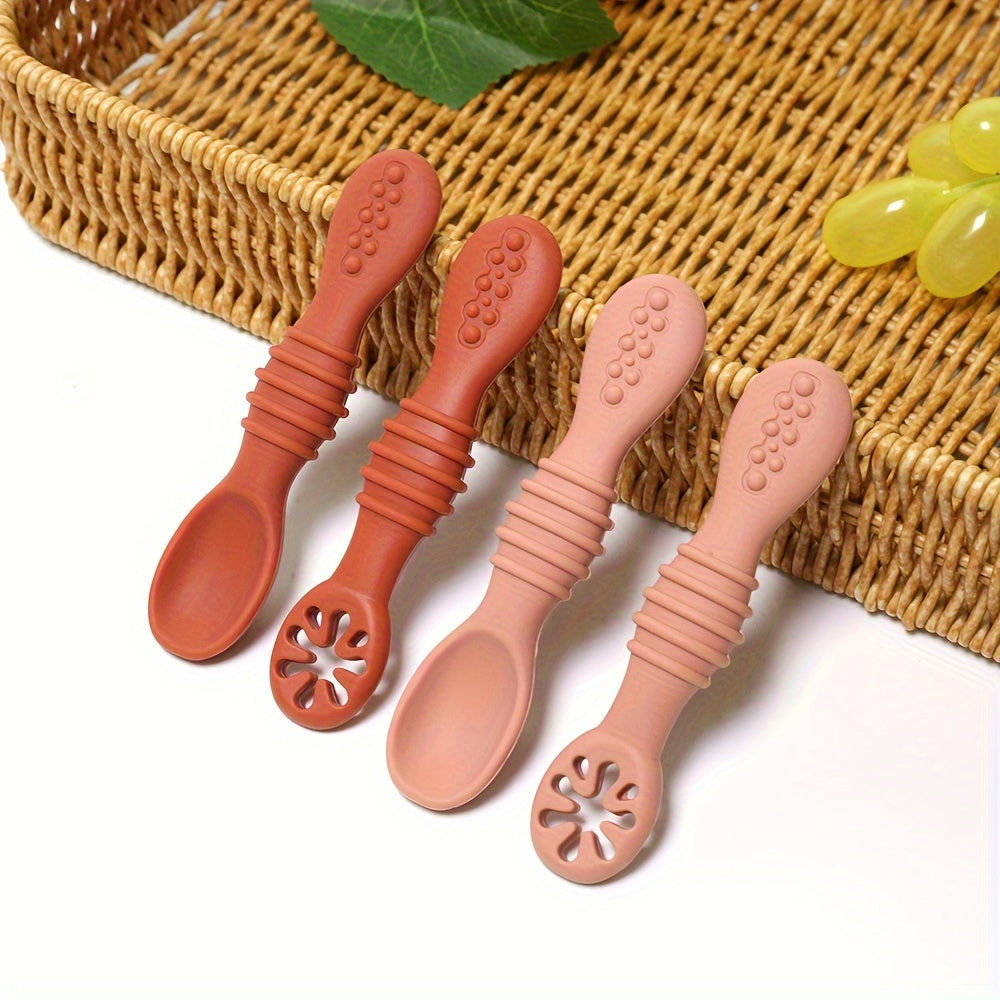 4-piece Silicone Feeding Set for Kids - Soft, Chewable Spoons in 3 Styles - Ideal for Self-Feeding Practice & Holiday Gifts