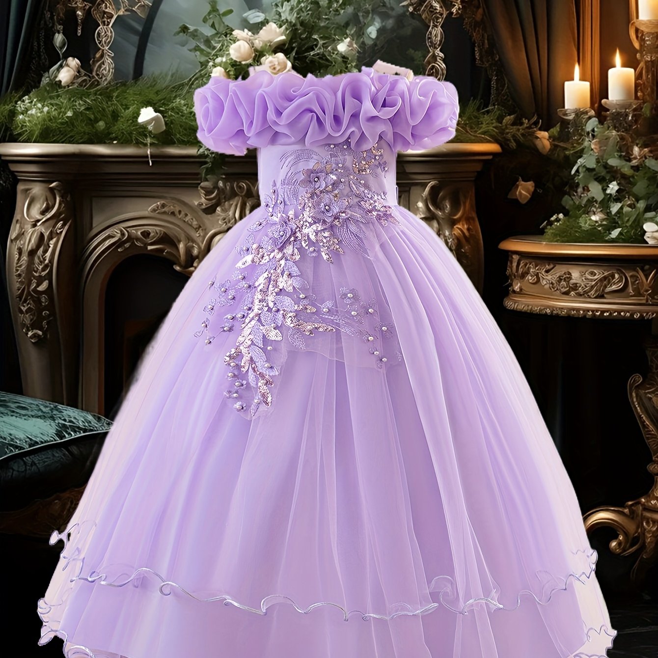 New girls' shoulder-baring princess gown with heavy work embroidery, pearl tassel detail, and floral clusters. Ideal for weddings, banquets, or parties.