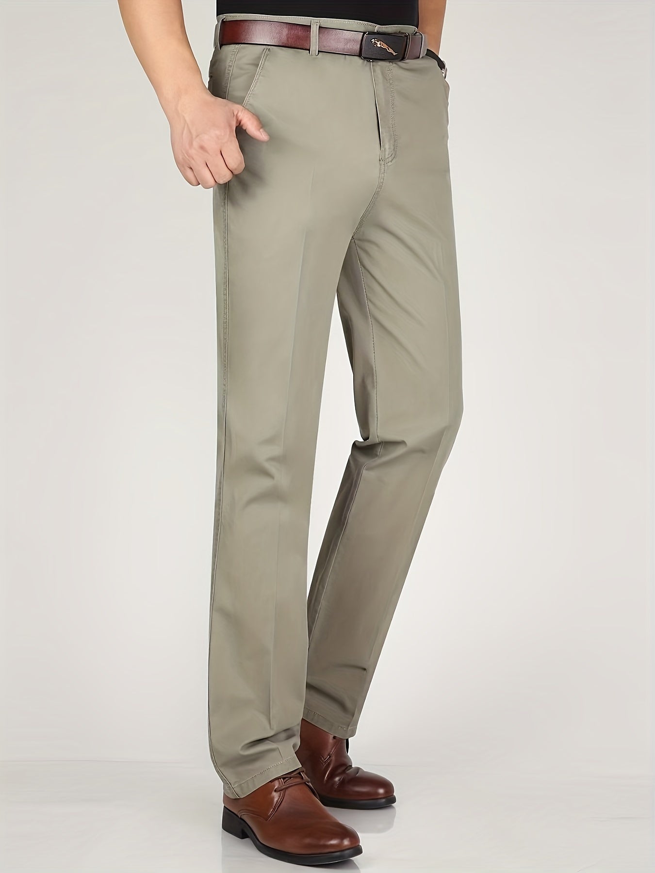 Men's solid straight leg business slacks with versatile draping, light business style.