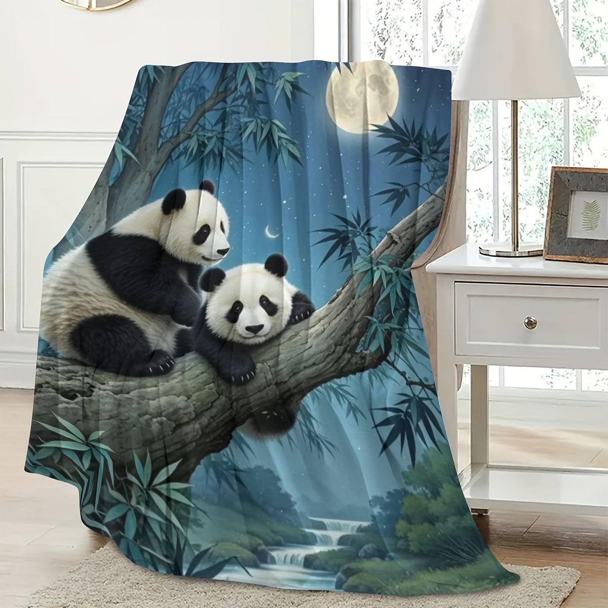 Soft and cozy all-season flannel throw blanket featuring a panda print on a moonlight scene. Perfect for gifting on holidays, birthdays, and Christmas. Made of 100% polyester, this blanket is perfect for bed, sofa, living room, or bedroom decor. Enjoy