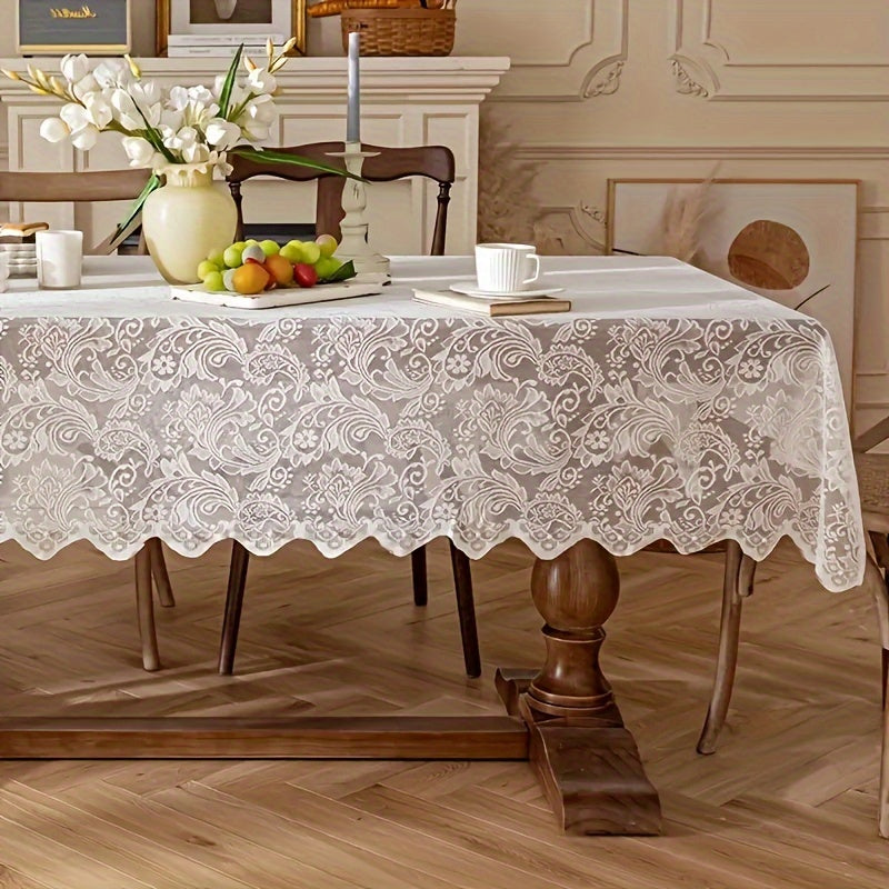 French Paisley lace tablecloth and rectangular polyester table runner for dining and coffee tables. Washable, easy to clean home decor for Christmas. Machine-woven with a solid pattern in a square shape.