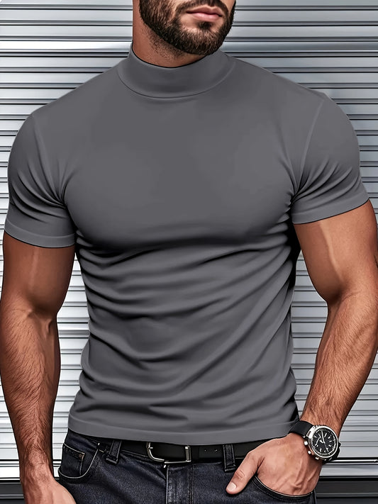 Men's slim fit short sleeve t-shirt with stand collar, ideal for gym and outdoor activities, made of breathable polyester-spandex blend, suitable for all-season wear.