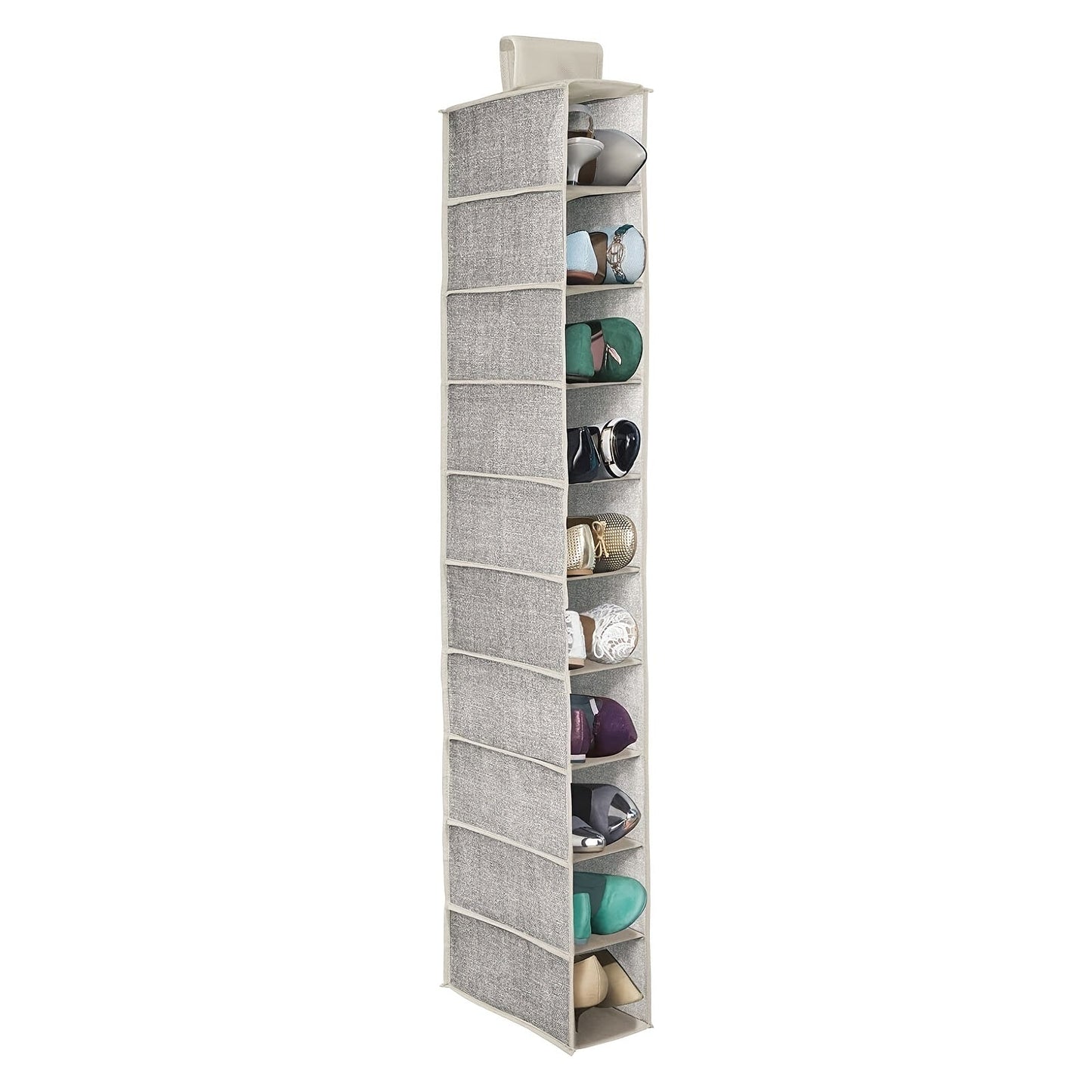 One piece of a 10-shelf hanging shoe organizer for closet in a stylish grey design, perfect for efficient storage.