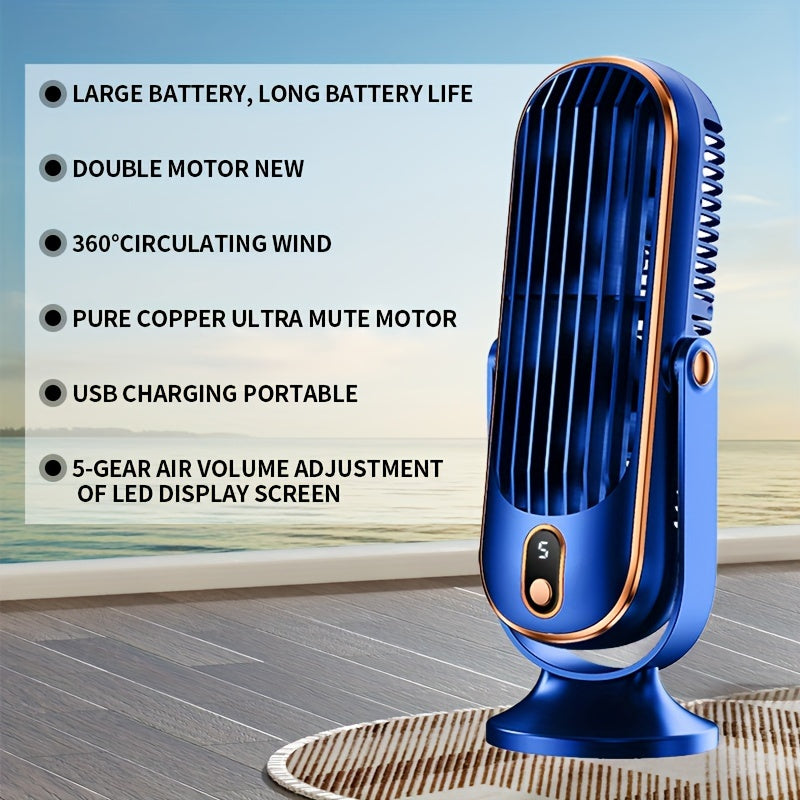 Ideal Gift for Christmas & Valentine's Day - Portable Dual Motor Fan with Large Battery, 5-Speed Table Fan featuring 720° Oscillation, USB Rechargeable Plastic Fan with Built-in Lithium Battery, Perfect for Home, Office, Travel, Camping, Indoor & Outdoor