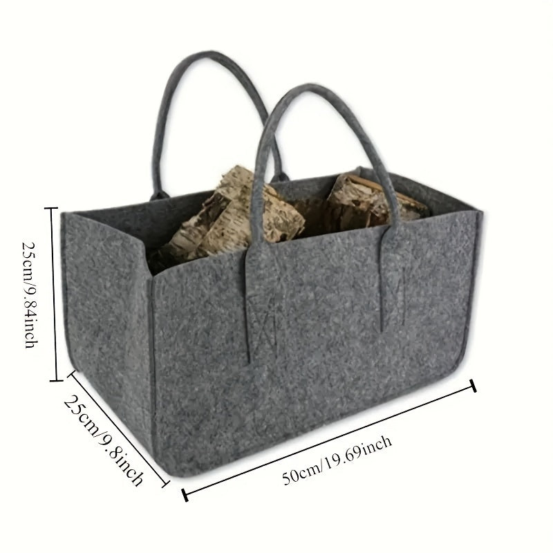 Firewood Carrier Bag made of durable felt material, perfect for transporting logs outdoors. Features handles for easy carrying and can also be used as a multipurpose tote. Ideal for use with fireplaces.