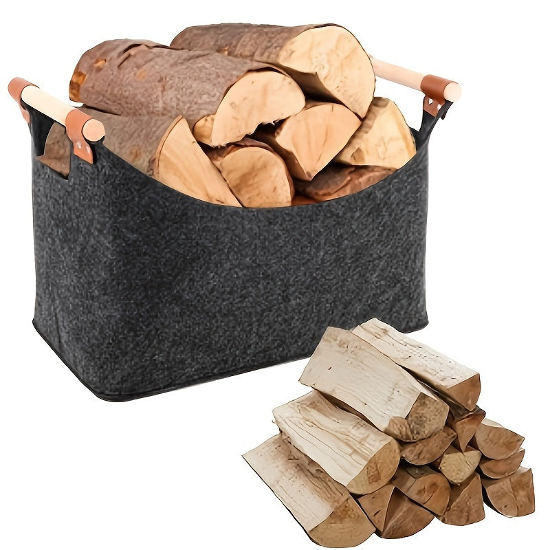 Large capacity firewood carrier with handles for indoor storage of firewood, toys, books, and clothes.