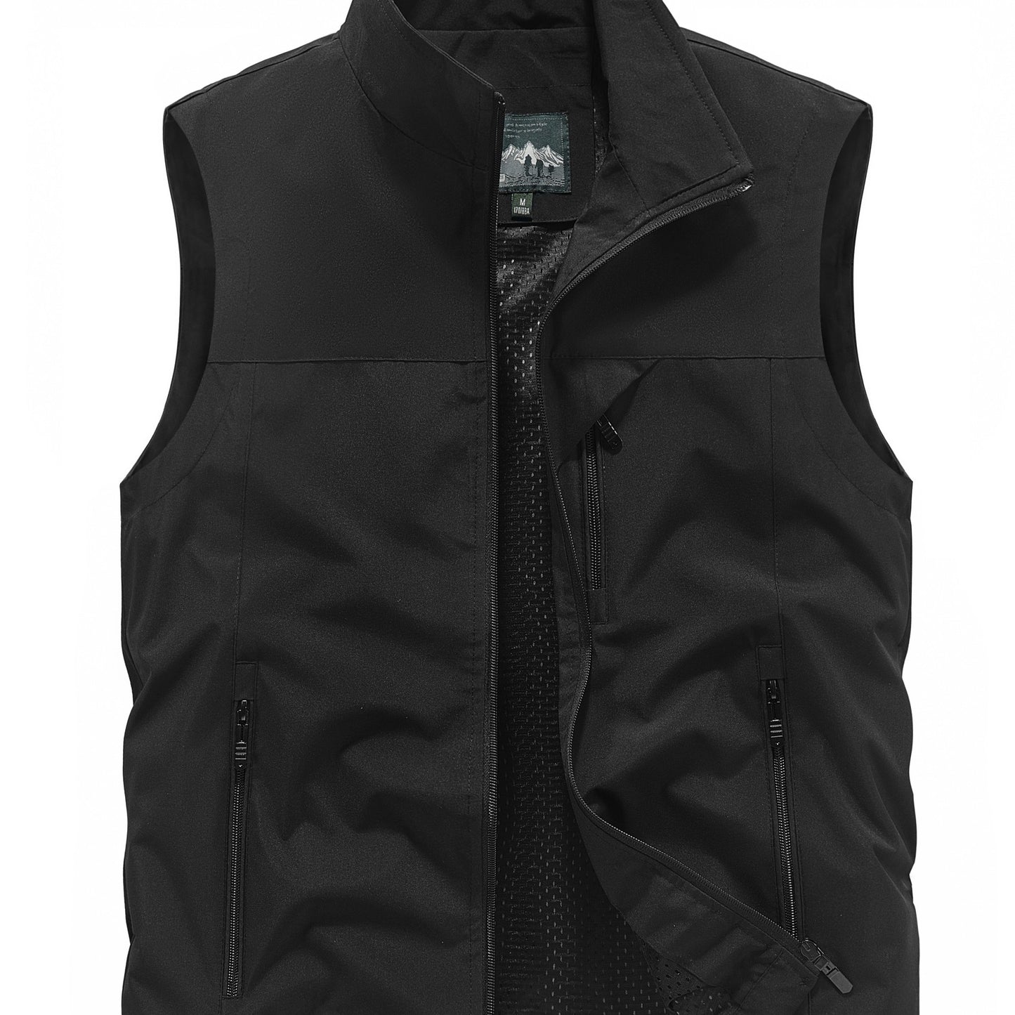 Men's Sleeveless Jacket with Zipper Pockets, Stand Neck Vest for Outdoor Activities.