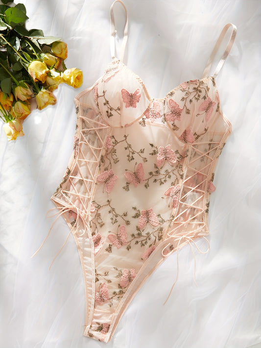 Sexy Butterfly Embroidery Mesh Teddy & Bodysuit Women's Lingerie