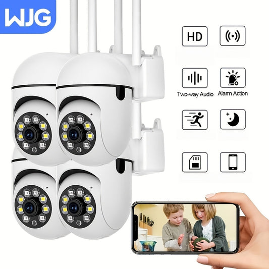 Get double the quality with the 4-Pack of WJG 2MP HD 1080P Wireless Security Cameras. These cameras feature Dual Band 2.4G+5G Wi-Fi connectivity, Motion Detection, Color Night Vision, Pan-Tilt AI Lighting, and 350° Horizontal & 90° Rotation capabilities.