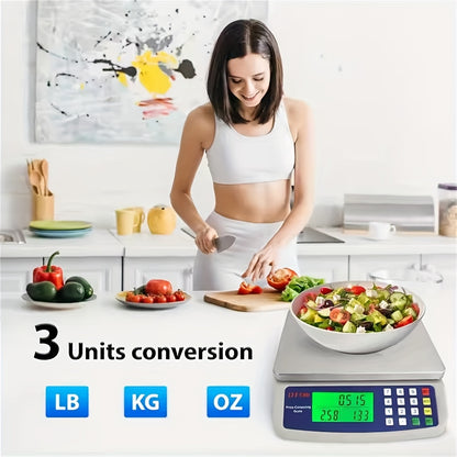 30kg digital kitchen scale with LCD display, 1g precision, tare function, and price computing. Suitable for food contact, battery powered (batteries not included).