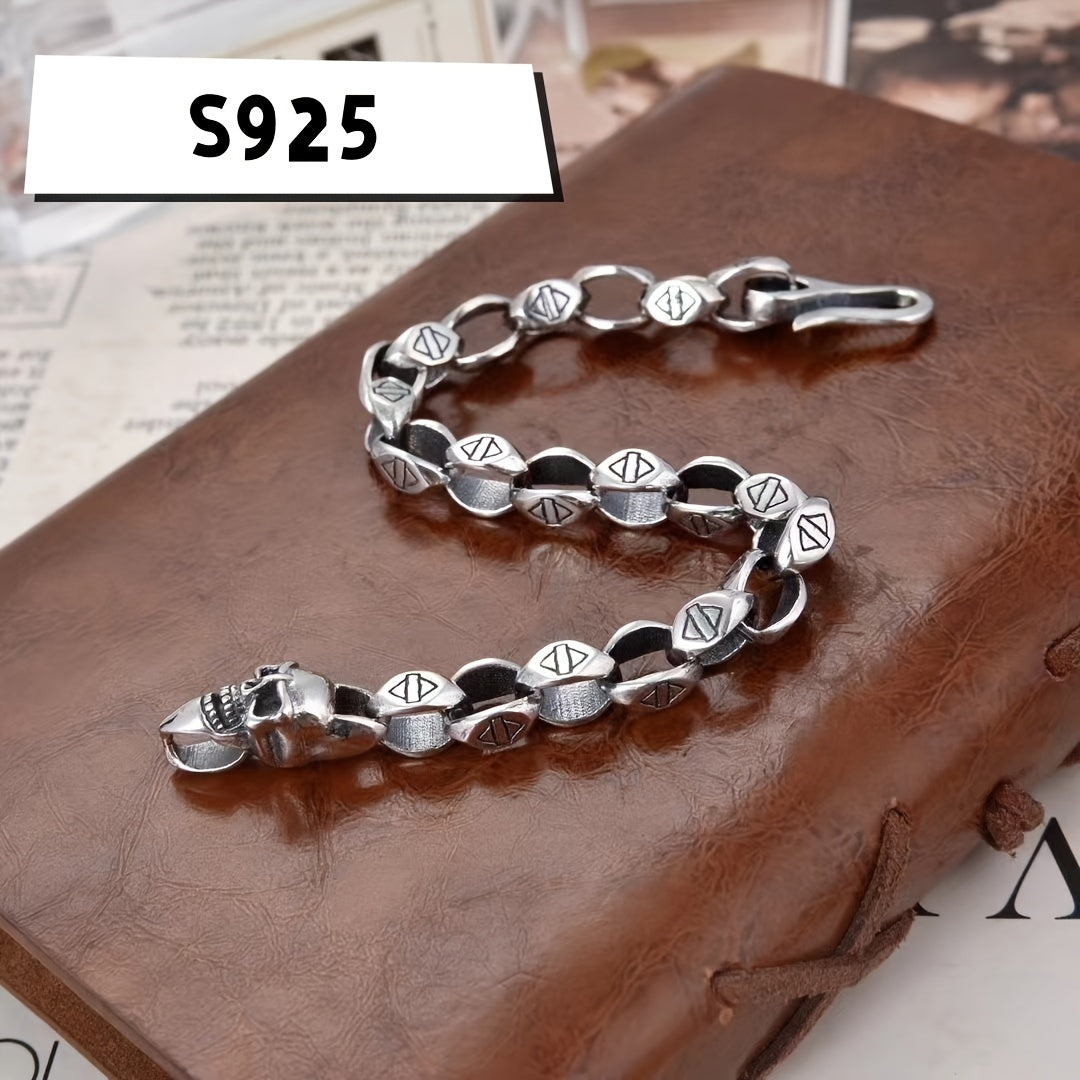 Vintage Bohemian Style 925 Sterling Silver Skull and Chain Link Bracelet, Handmade Biker Jewelry for Men and Women, Suitable for Everyday Wear and as a Gift, Great for Valentine's Day.