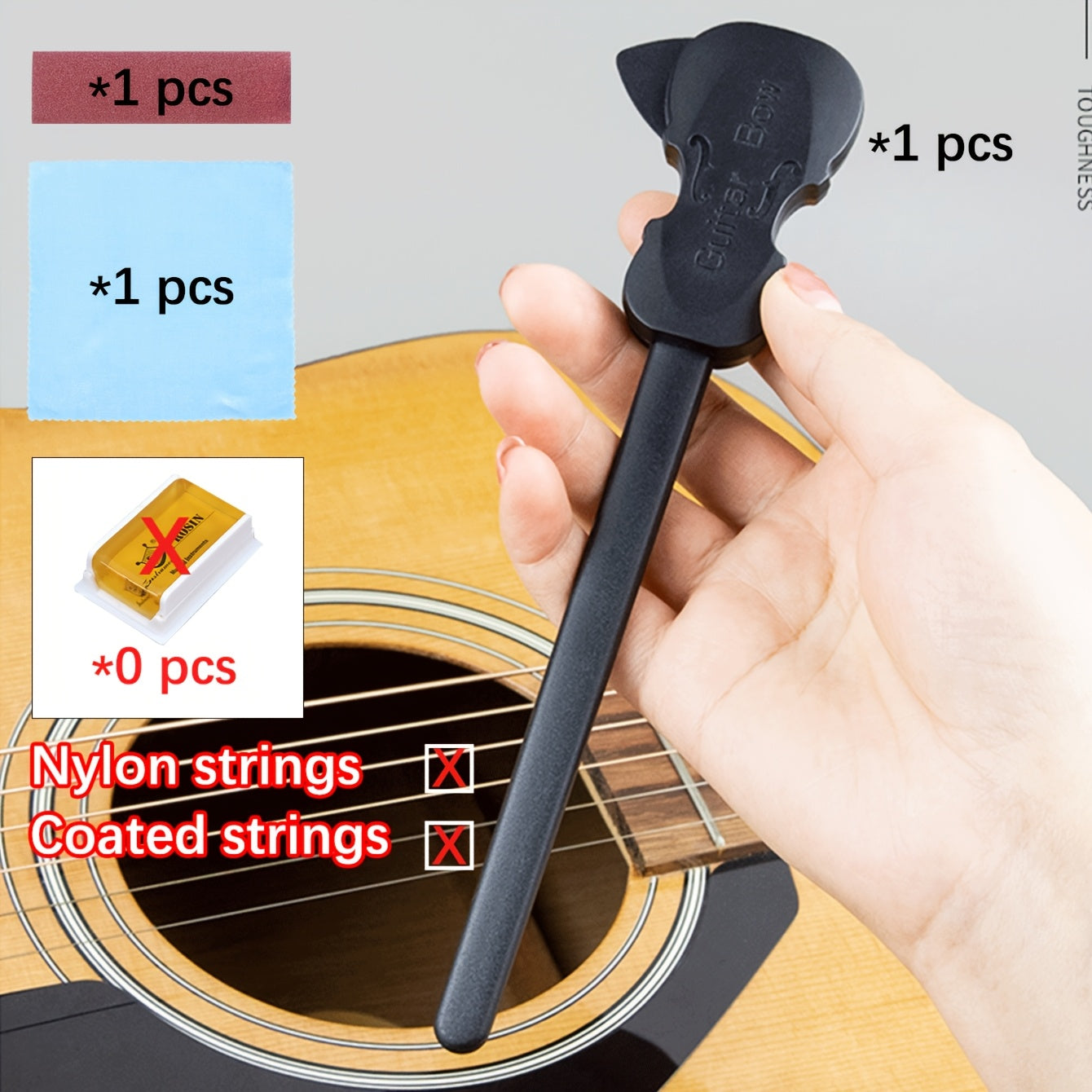 Black PP guitar bow for playing classical music on folk guitar, organ, and other musical instruments. Portable and creative picking tool.