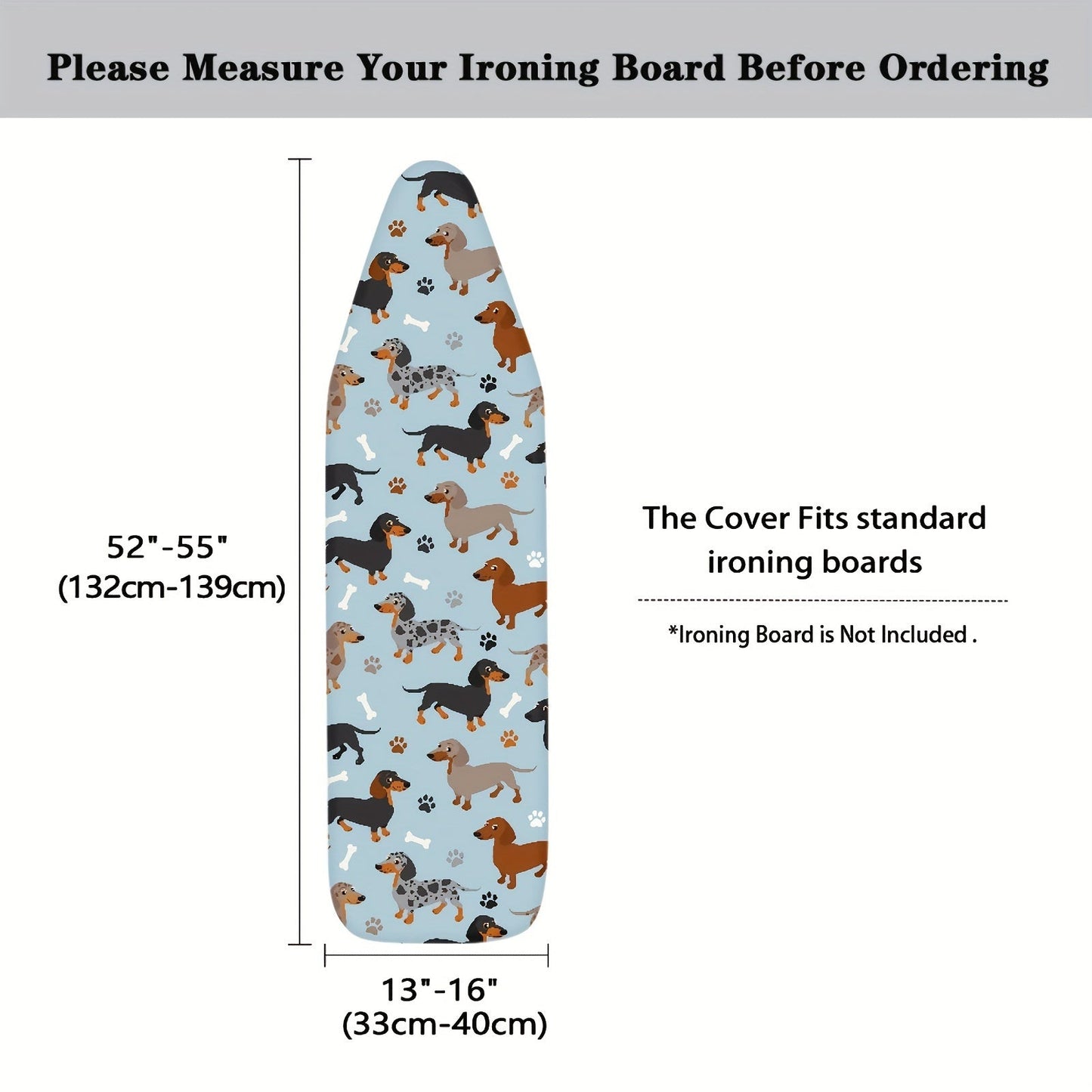 Ironing board dustproof cover with a clear design featuring a dachshund dog pattern. Ideal for replacing old cloth covers on household ironing boards. Perfect for electric iron boards and comes in one piece. Can also serve as a protective accessory for