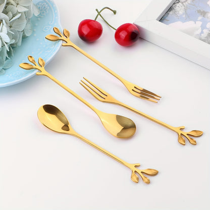 Golden stainless steel spoon set with leaf accents, polished finish, dishwasher safe, ideal for stirring, fruit, appetizers. Perfect for home, parties, weddings, holidays. Elegant and nature-inspired tableware.