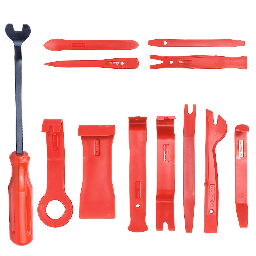 12-piece durable auto trim removal tool kit made of impact-resistant plastic for interior trim care without scratching car panel door window.