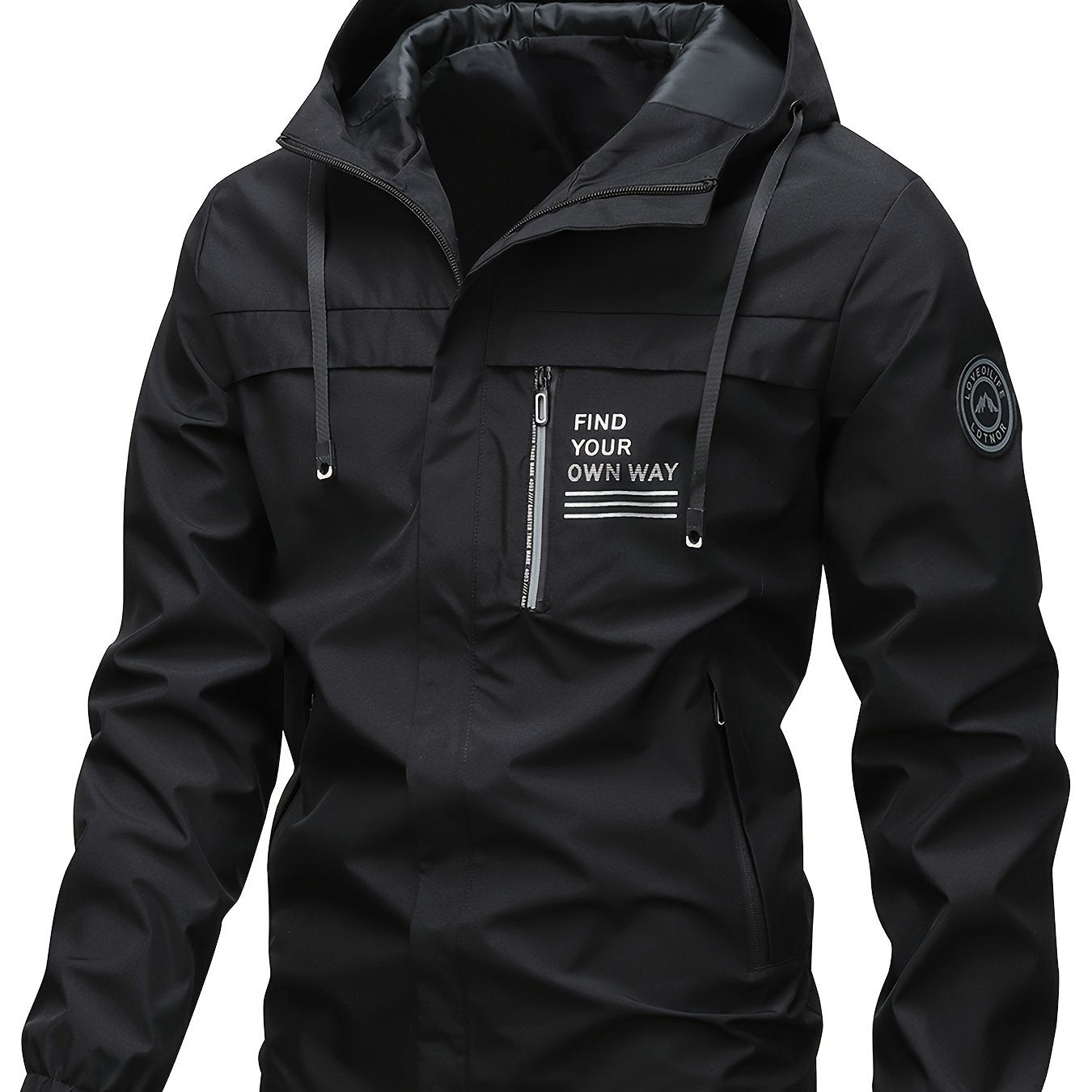 Men's casual sporty hooded jacket with lightweight polyester material, zipper pockets, adjustable drawstring hood, and "FOUND MOST WANTED" embroidery, perfect for spring/fall.