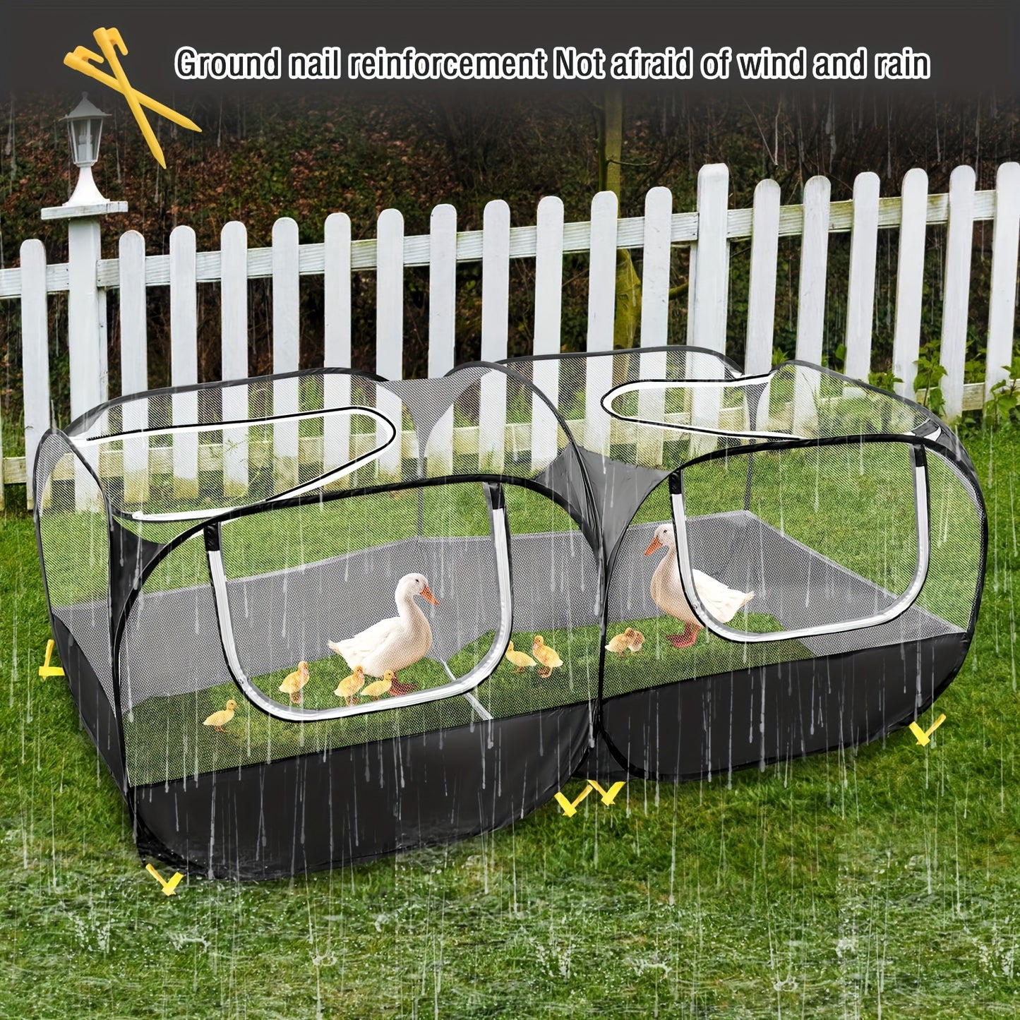 Foldable, breathable pet cage tent for large chickens with transparent mesh and sturdy zipper design.