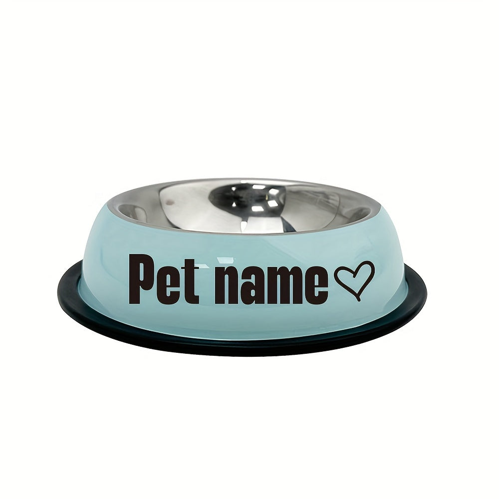 Custom stainless steel dog bowl with non-slip base for small, medium, and large dogs. Personalize with pet's name for food and water.