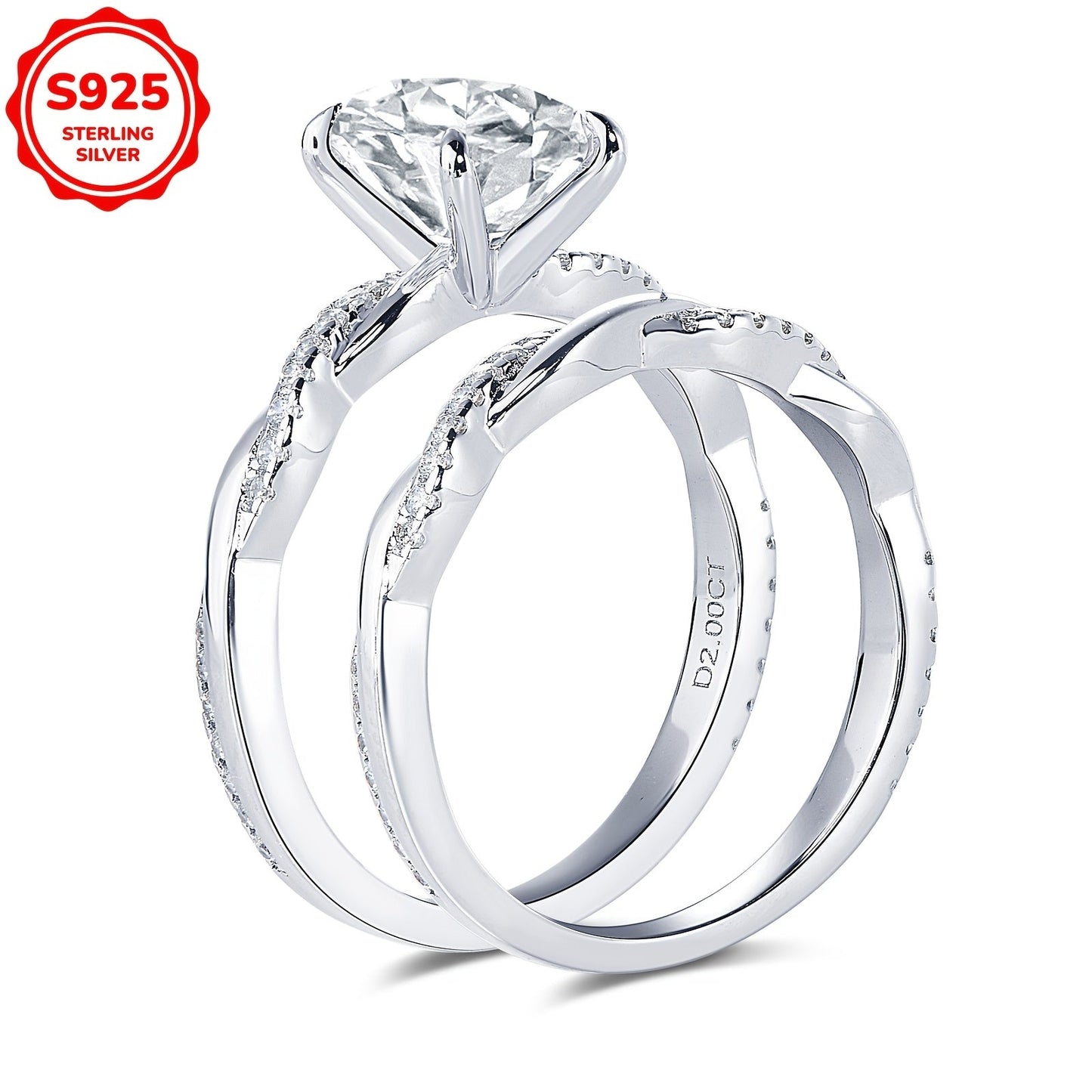 Weight: 5.48 grams, Main Stone: Oval 7x9mm Moissanite, Main Stone Weight: 2 carats, Set of 925 Pure Silver Women's Rings featuring a Moissanite main stone. The set includes a Moissanite Wedding Ring, Women's Wedding Ring, Engagement Ring with a twist arm