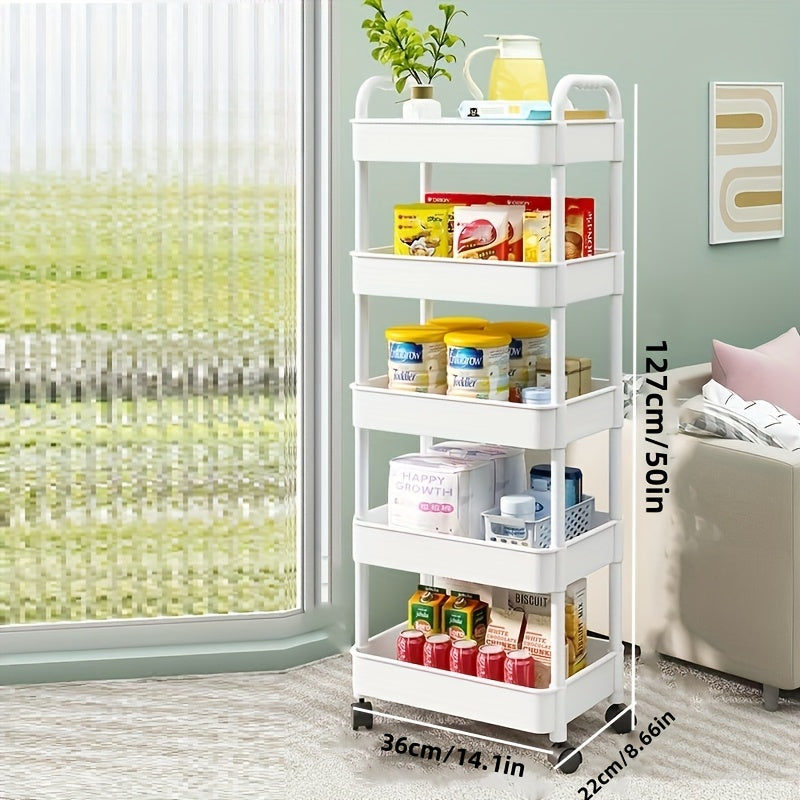 The white storage rack with wheels is a versatile 5-tier solution for organizing items in the kitchen, bathroom, or living room. It is ideal for storing snacks and coffee pods.