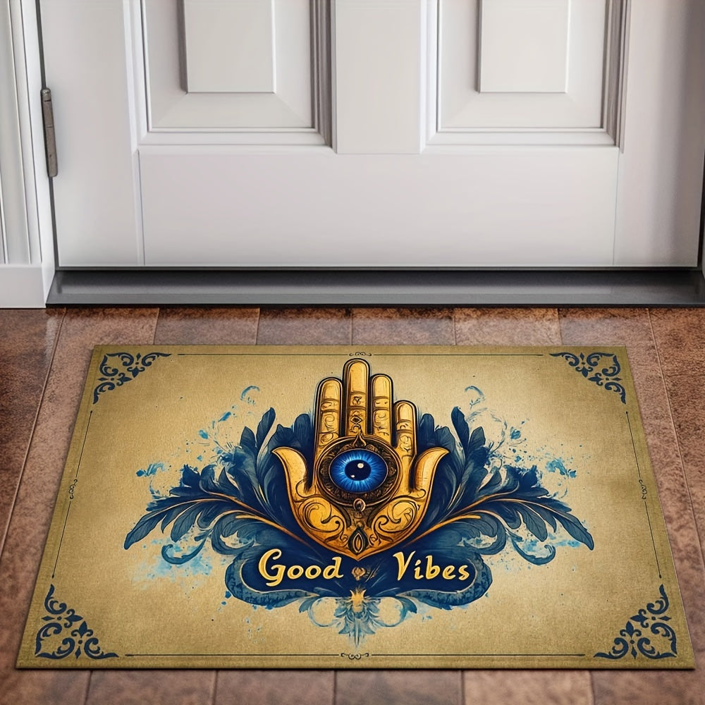 Add a touch of style to your home with this Evil Eye Welcome Doormat. Featuring a Good Vibes pattern, this decorative woven floor mat is non-slip, machine washable, and easy to clean. Made of polyester, this rug is perfect for both indoor and outdoor