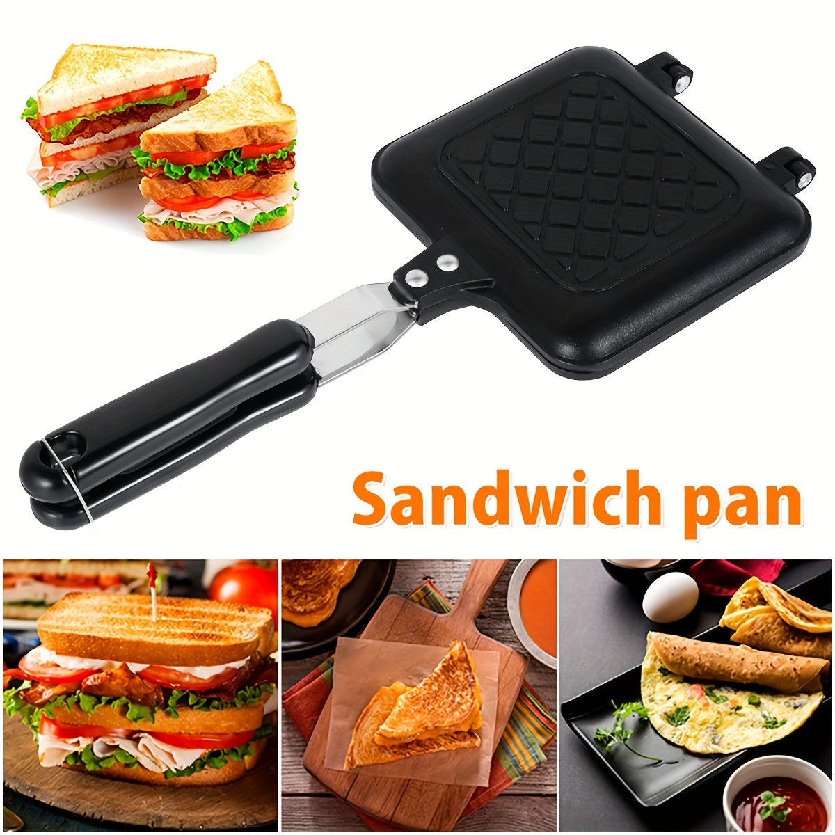 Double sided bread frying pan with non-stick surface and a barbecue plate. This versatile kitchen tool can be used as a sandwich toaster, mold, toastie maker, and waffle maker. It is heat-resistant and perfect for various purposes in the kitchen, school