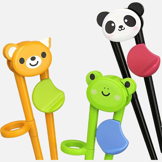 Training chopsticks featuring animals for beginners, in cute cartoon design, kawaii tableware.