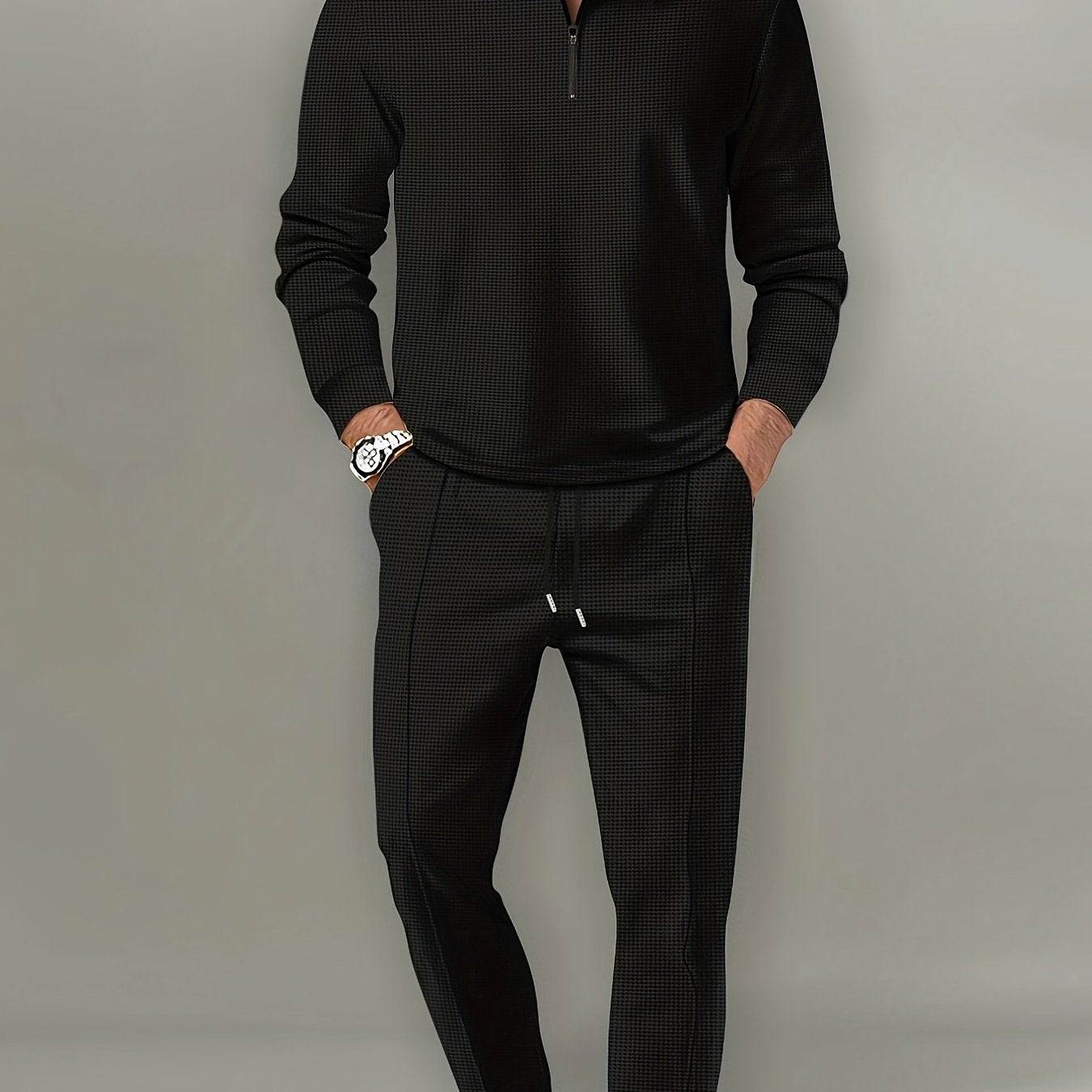 Men's 2Pcs Waffle Pattern Outfit: V Neck Shirt + Sweatpants Set for Spring/Fall