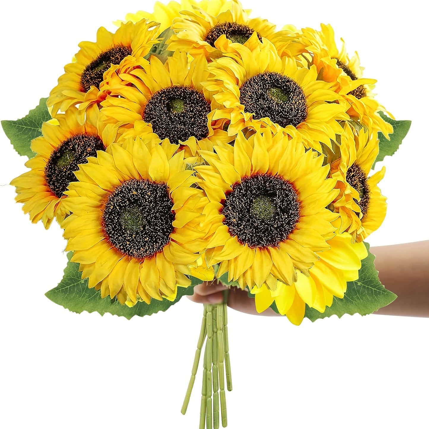 8-piece vibrant yellow sunflower bouquet for Thanksgiving, Christmas, autumn weddings, and home decor. Made from real touch silk artificial flowers.