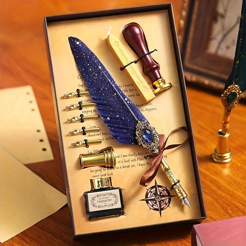 Set of gift box with wax seal, feather pen, calligraphy pen, and ink pen. Antique writing set with mechanical gear dipping pen.