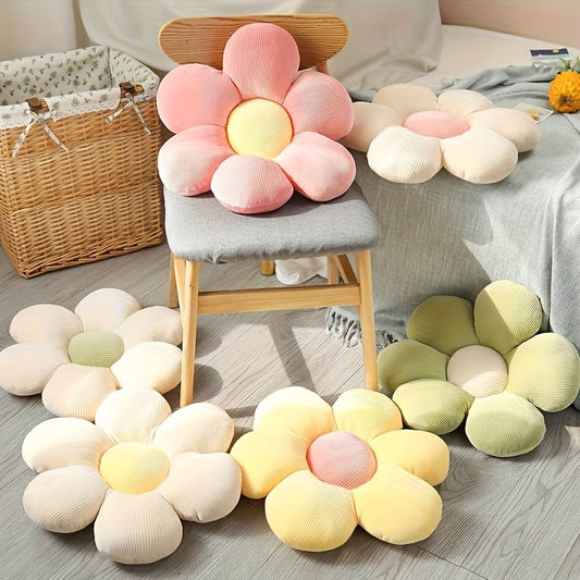 Plush flower-shaped pillow suitable for office, car seat, or home décor in soft pastel colors. Features cute doll design, making it an ideal gift for Easter, St. Patrick's Day, or birthdays. Made of hand washable polyester.